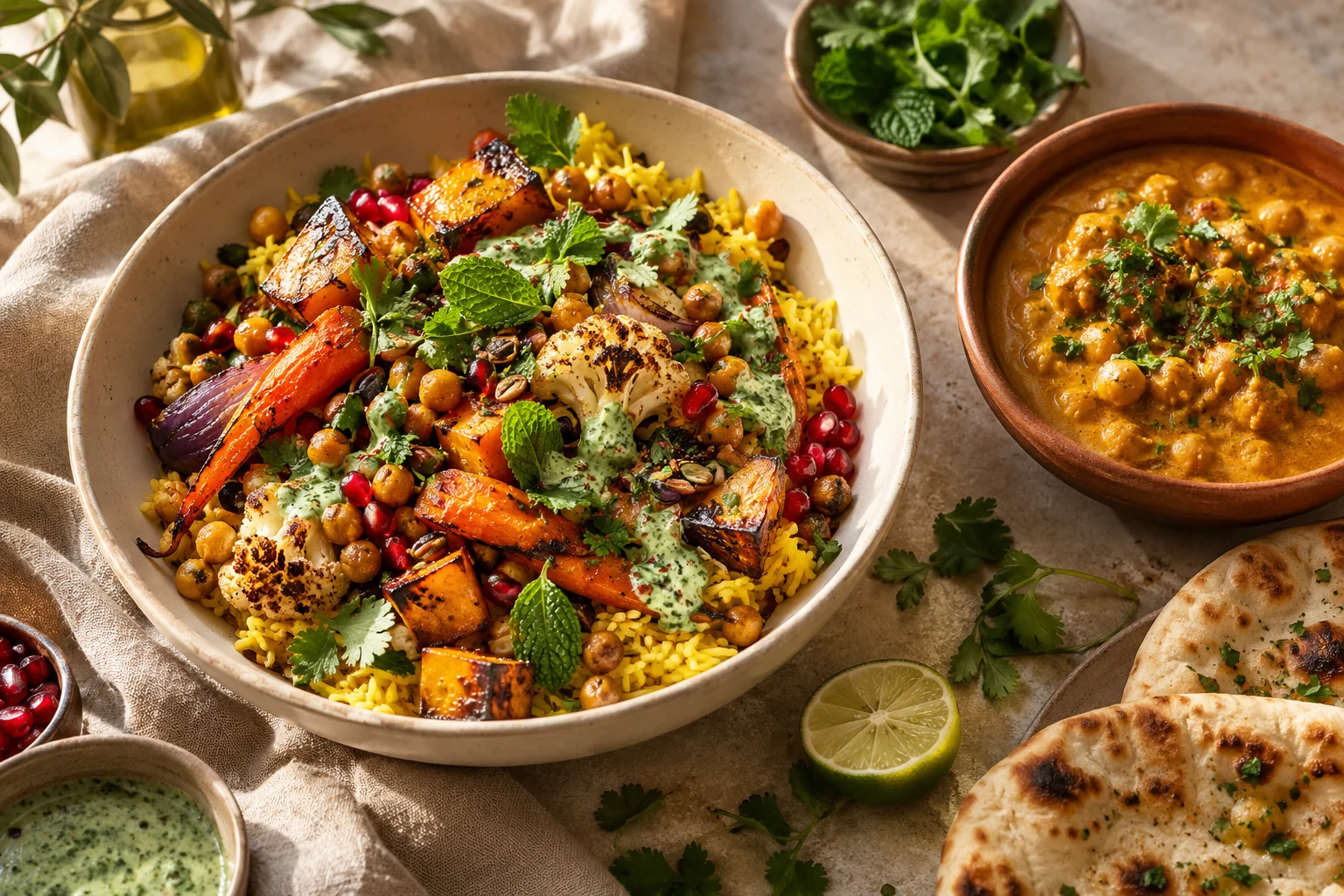 A colorful restaurant-style spread of roasted vegetables, rice, curry and flatbread